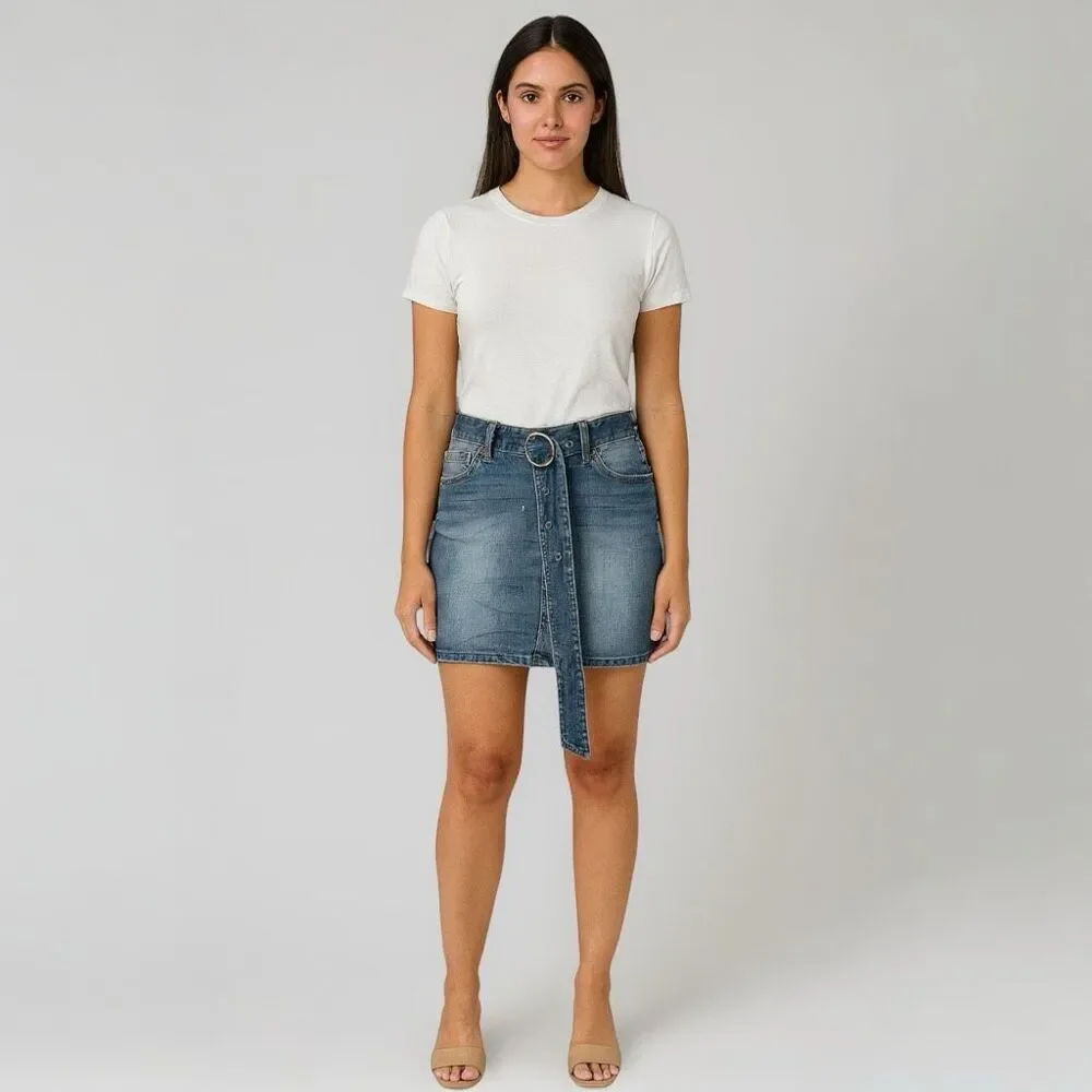 Almost famous Cotton Blend Spandex Jean Mini Skirt distressed light wash size M